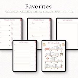 Puede incluir: Un planificador digital con el t&iacute;tulo "Favoritos" y el texto "Sigue a tus autores, libros y citas favoritos. Crea tu estanter&iacute;a y moodboard." El planificador incluye secciones para citas, autores, libros favoritos y una estanter&iacute;a.