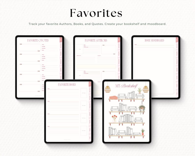 Puede incluir: Un planificador digital con el t&iacute;tulo "Favoritos" y el texto "Sigue a tus autores, libros y citas favoritos. Crea tu estanter&iacute;a y moodboard." El planificador incluye secciones para citas, autores, libros favoritos y una estanter&iacute;a.