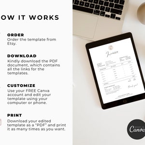 May include: A digital illustration of a how-to guide for creating an invoice template using Canva. The guide includes four steps: order, download, customize, and print. The image also shows a tablet displaying a sample invoice template.