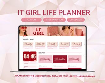 It GirlライフプランナーNotionテンプレート、生産性とセルフケアのための美しいデジタルプランナー、日次・週次・月次ライフスタイルオーガナイザー