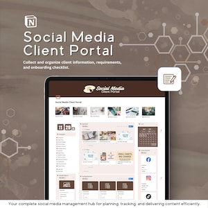 Op de afbeelding: Digitale interface voor een social media client portal, weergegeven op een tablet. Het scherm toont een dashboard met verschillende tools en functies. De tekst luidt "Social Media Client Portal" en "Collect and organize client information, requirements, and onboarding checklist."