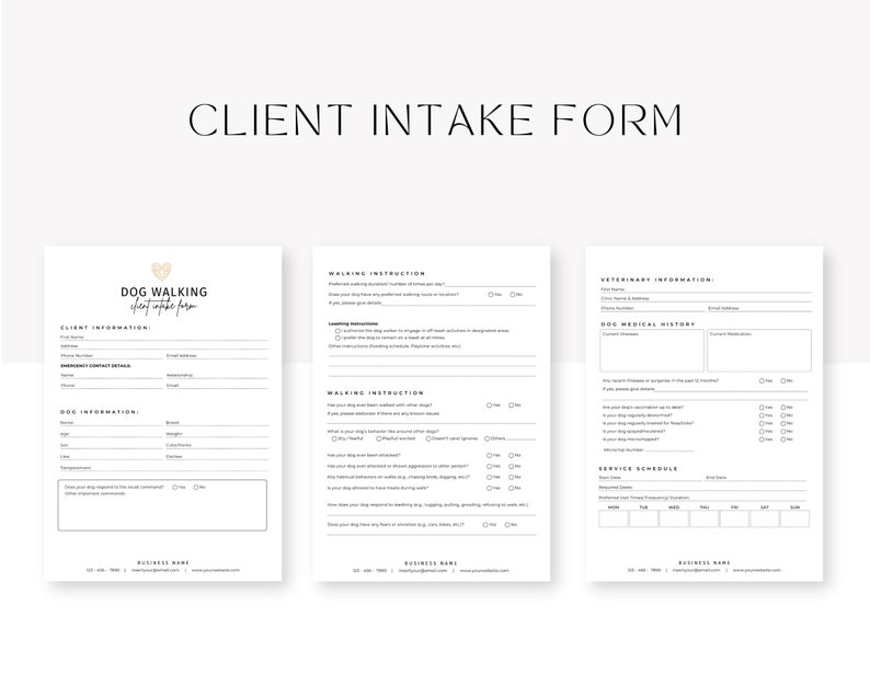 May include: A black and white client intake form for dog walking services. The form includes sections for client information, emergency contact details, dog information, walking instructions, veterinary information, dog medical history, and service schedule.