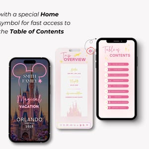 May include: A pink and white digital planner with a Mickey Mouse icon, the text "Smith Family", and the words "Magical Vacation" and "Orlando" on the cover. The planner includes a trip overview and table of contents.