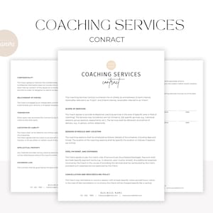 May include: A black and white coaching services contract template with the title "Coaching Services Contract" at the top. The contract includes sections for confidentiality, relationship of parties, termination, limitation of liability, intellectual property, governing law, cancellation and resolution policy, and business information.