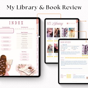 Puede incluir: Tres tabletas digitales que muestran una interfaz de revisi&oacute;n de libros y biblioteca. La tableta principal muestra un &iacute;ndice con opciones como "Book Trackers" y "My Library". La segunda tableta muestra portadas de libros. La tercera tableta muestra una p&aacute;gina de revisi&oacute;n de libros. El texto "My Library & Book Review" est&aacute; en la parte superior.