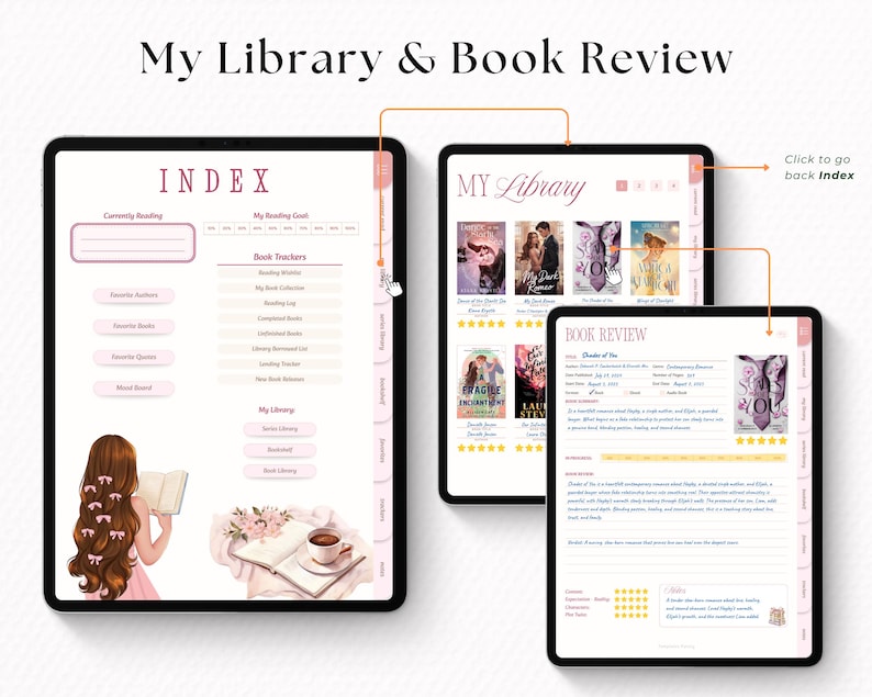 Puede incluir: Tres tabletas digitales que muestran una interfaz de revisi&oacute;n de libros y biblioteca. La tableta principal muestra un &iacute;ndice con opciones como "Book Trackers" y "My Library". La segunda tableta muestra portadas de libros. La tercera tableta muestra una p&aacute;gina de revisi&oacute;n de libros. El texto "My Library & Book Review" est&aacute; en la parte superior.