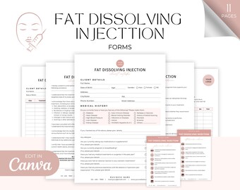 Op de afbeelding: Een set printbare formulieren voor vet-oplossende injecties. De formulieren omvatten klantgegevens, medische geschiedenis en nazorginstructies. De formulieren zijn ontworpen in een roze en witte kleurschema met een minimalistische esthetiek.