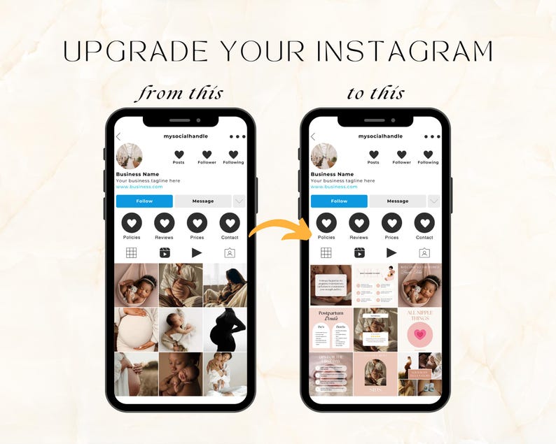 May include: Image comparing two Instagram profiles on smartphones. The text reads "UPGRADE YOUR INSTAGRAM" and "from this" to "to this". The before profile shows a grid of photos, while the after profile has a more cohesive aesthetic.
