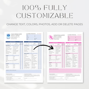 May include: Two cleaning proposal templates, one with a blue and white color scheme and the other with a pink and white color scheme. Both templates feature a checklist for cleaning services, including bathrooms, floors, and exteriors. The text on the templates reads "Cleaning Proposal" and "Your Company Name" and "Elite Estate Cleaners".