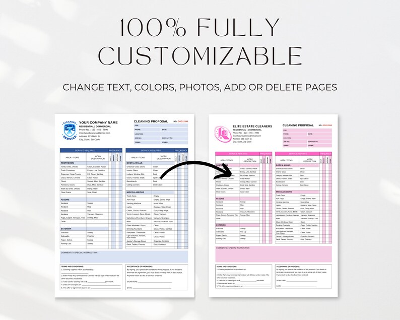 May include: Two cleaning proposal templates, one with a blue and white color scheme and the other with a pink and white color scheme. Both templates feature a checklist for cleaning services, including bathrooms, floors, and exteriors. The text on the templates reads "Cleaning Proposal" and "Your Company Name" and "Elite Estate Cleaners".