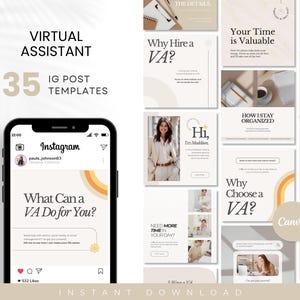 35 Virtual Assistant Instagram Templates, Editable Canva Social Media Posts, Virtual Assistant Social Media Kit, Instagram Content for VA