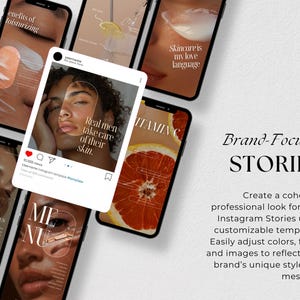Op de afbeelding: Een verzameling Instagram-story-sjablonen voor merken. De sjablonen bevatten een verscheidenheid aan ontwerpen, waaronder een close-up van een gezicht, een grapefruit en tekst die zegt "Huidverzorging is mijn liefdestaal".