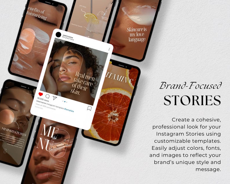 Op de afbeelding: Een verzameling Instagram-story-sjablonen voor merken. De sjablonen bevatten een verscheidenheid aan ontwerpen, waaronder een close-up van een gezicht, een grapefruit en tekst die zegt "Huidverzorging is mijn liefdestaal".
