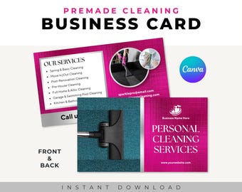 May include: A magenta and white business card template for personal cleaning services. The design includes the text "PREMADE CLEANING BUSINESS CARD" and a list of services offered. The card also features a website address.