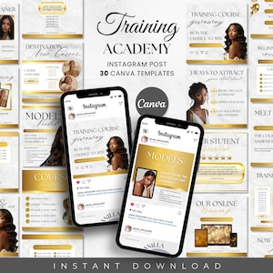 May include: A set of 30 Instagram post templates for a training academy. The templates feature a marble background with gold accents and images of women. The text on the templates includes "Training Academy", "Instagram Post", "30 Canva Templates", "Training Course Giveaway", "Models Needed", "Meet the Team", "Our Online Training", and "Now Accepting Finance".