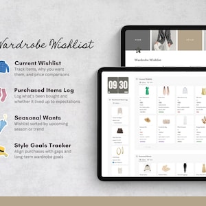 May include: Two digital tablets showing a "Wardrobe Wishlist" app. The app includes sections for a current wishlist, purchased items log, seasonal wants, and style goals tracker. The screen displays clothing items.
