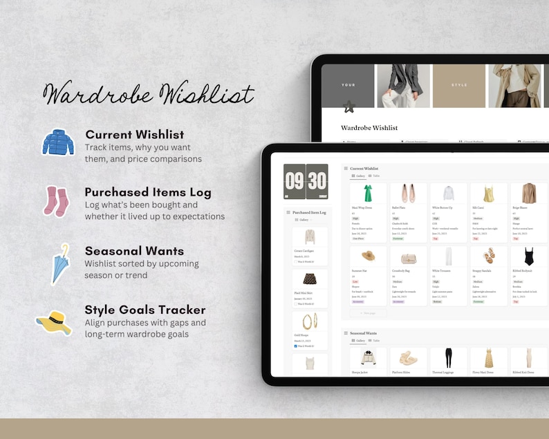 May include: Two digital tablets showing a "Wardrobe Wishlist" app. The app includes sections for a current wishlist, purchased items log, seasonal wants, and style goals tracker. The screen displays clothing items.
