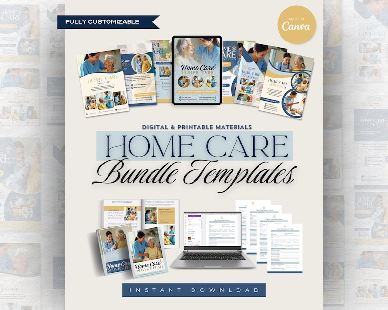 Pode incluir: Um pacote de produtos digitais para empresas de cuidados domicili&aacute;rios. O pacote inclui modelos imprim&iacute;veis para folhetos, panfletos e outros materiais de marketing. O texto "Home Care Bundle Templates" &eacute; exibido em letras grandes e em negrito. A imagem tamb&eacute;m mostra um computador port&aacute;til, um smartphone e v&aacute;rios documentos impressos.