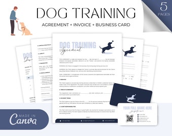 May include: A blue and white business card with a dog silhouette and the text "DOG TRAINING" and "YOUR FULL NAME HERE" in a larger font. The card also includes a QR code and contact information.