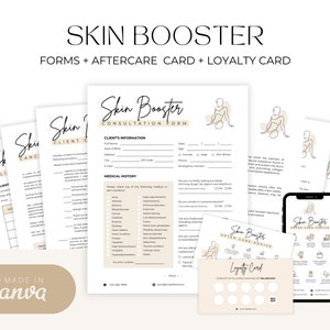 May include: A set of printable forms for a skin booster treatment. The forms include a consultation form, aftercare advice, and a loyalty card. The forms are designed in a minimalist style with a beige background and black text.