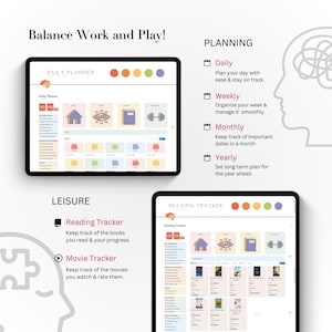 Pu&ograve; includere: Due tablet digitali che mostrano interfacce di pianificazione e monitoraggio della lettura. Il tablet superiore mostra un pianificatore giornaliero con icone colorate. Il tablet inferiore presenta un tracker di lettura con copertine di libri. Il testo include "Balance Work and Play!" e "Daily Planner."