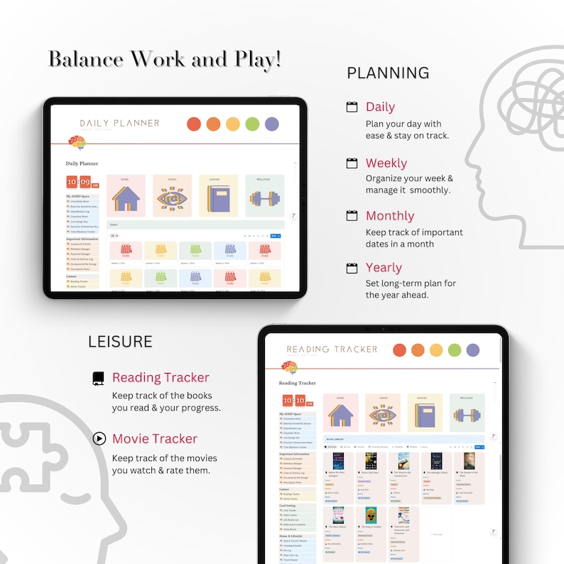Pu&ograve; includere: Due tablet digitali che mostrano interfacce di pianificazione e monitoraggio della lettura. Il tablet superiore mostra un pianificatore giornaliero con icone colorate. Il tablet inferiore presenta un tracker di lettura con copertine di libri. Il testo include "Balance Work and Play!" e "Daily Planner."