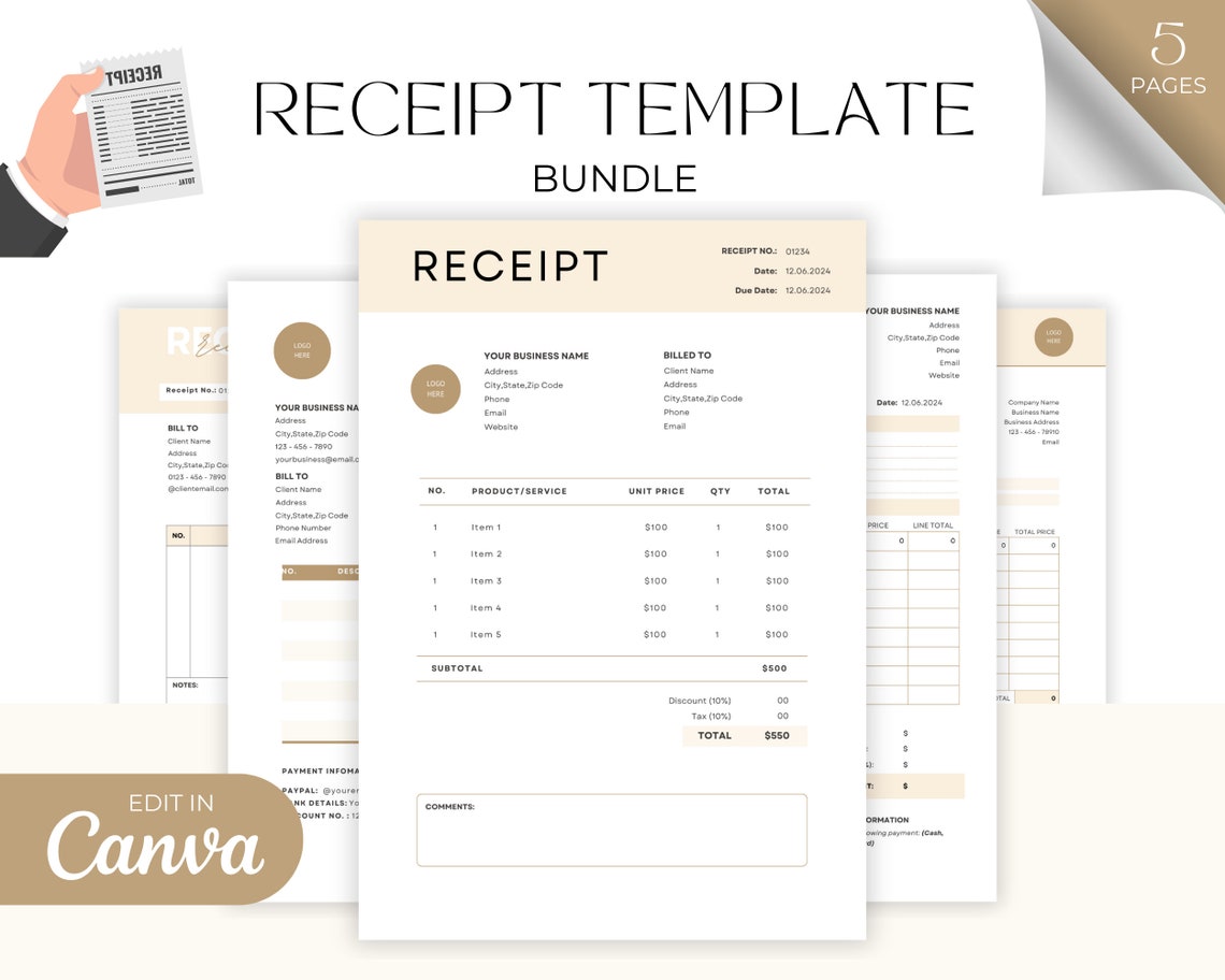 Editable Receipt Template, Printable Receipt Template, Order Form