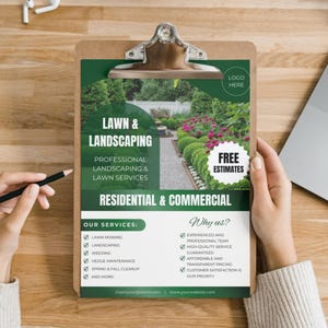 K&ouml;nnte beinhalten: Ein gr&uuml;ner und wei&szlig;er Flyer mit dem Text "Lawn & Landscaping" und "Professional Landscaping & Lawn Services". Der Flyer enth&auml;lt auch den Text "Residential & Commercial" und listet Dienstleistungen wie Rasenm&auml;hen, Landschaftsgestaltung, Unkrautj&auml;ten, Heckenpflege, Fr&uuml;hjahr- und Herbstreinigung und mehr auf. Der Flyer enth&auml;lt auch den Text "Free Estimates" und "Why us?" mit einer Liste von Gr&uuml;nden, warum Sie sich f&uuml;r dieses Unternehmen entscheiden sollten.