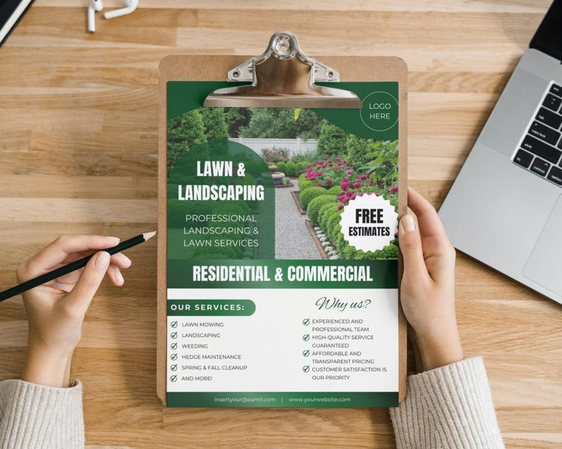K&ouml;nnte beinhalten: Ein gr&uuml;ner und wei&szlig;er Flyer mit dem Text "Lawn & Landscaping" und "Professional Landscaping & Lawn Services". Der Flyer enth&auml;lt auch den Text "Residential & Commercial" und listet Dienstleistungen wie Rasenm&auml;hen, Landschaftsgestaltung, Unkrautj&auml;ten, Heckenpflege, Fr&uuml;hjahr- und Herbstreinigung und mehr auf. Der Flyer enth&auml;lt auch den Text "Free Estimates" und "Why us?" mit einer Liste von Gr&uuml;nden, warum Sie sich f&uuml;r dieses Unternehmen entscheiden sollten.