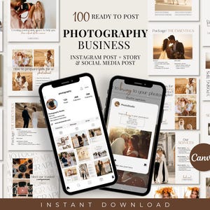 Puede incluir: Una colección de 100 plantillas de redes sociales listas para publicar para empresas de fotografía. Las plantillas presentan una variedad de diseños, que incluyen imágenes de parejas, familias y paisajes. Las plantillas están diseñadas para ayudar a los fotógrafos a promocionar su negocio y conectar con clientes potenciales.