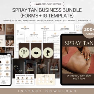 Puede incluir: Un paquete digital para negocios de bronceado en spray con más de 300 páginas editables en Canva, incluyendo formularios, tarjetas de cuidados posteriores y plantillas de Instagram. Muestra diseños y textos en una tableta y un teléfono.