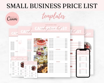 Könnte beinhalten: Rosa und weiße Preislisten-Vorlage für ein kleines Unternehmen mit dem Text „SMALL BUSINESS PRICE LIST“ oben. Die Vorlage enthält Abschnitte für Kuchen, Cupcakes und Kekse mit Platz für Produktnamen und Preise. Ein Telefon zeigt die Preisliste an.
