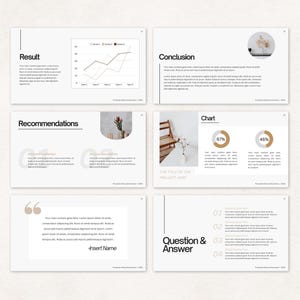 May include: A presentation slide deck with a white background and black text. The slides include a line graph, pie charts, and a question and answer section. The text on the slides includes the words "Result", "Conclusion", "Chart", "Recommendations", "Question & Answer", and "Insert Name".
