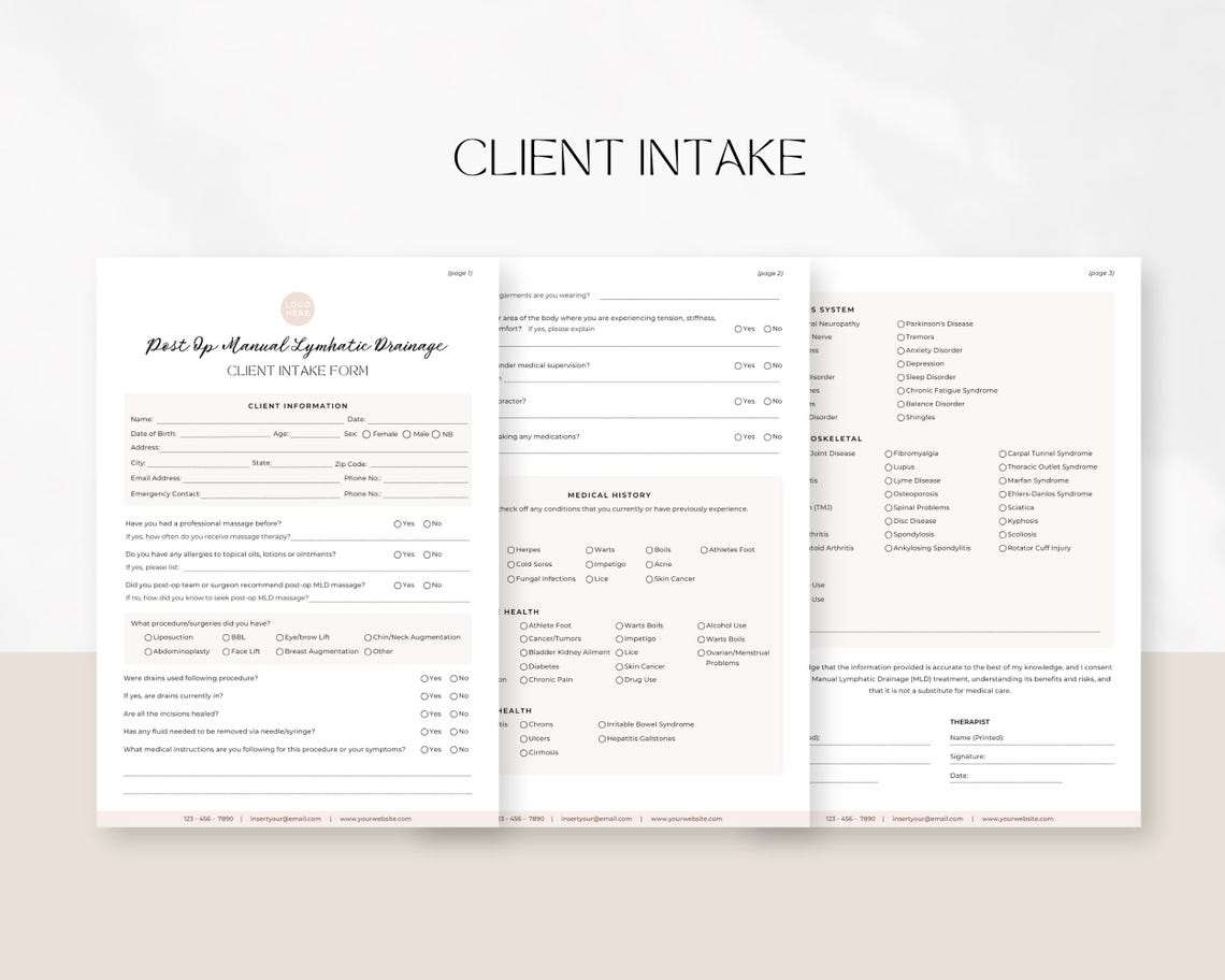 Editable Post Operation Manual Lymphatic Drainage Massage Intake Form ...