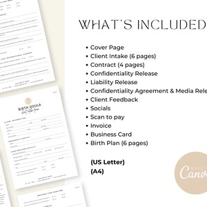 May include: A digital document set for birth doulas featuring a list of included items: cover page, 6-page client intake, 4-page contract, releases, feedback, socials, scan to pay, invoice, business card, and 6-page birth plan in US Letter and A4 sizes.