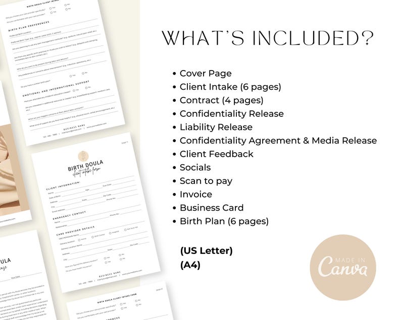 May include: A digital document set for birth doulas featuring a list of included items: cover page, 6-page client intake, 4-page contract, releases, feedback, socials, scan to pay, invoice, business card, and 6-page birth plan in US Letter and A4 sizes.