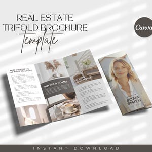 Op de afbeelding: Een drievoudige brochure sjabloon voor onroerend goed, met de tekst "Real Estate Trifold Brochure Template". De brochure is open, met afbeeldingen van interieurontwerp en tekst. De omslag toont een portret van een vrouw met de naam "Sofia Smith".