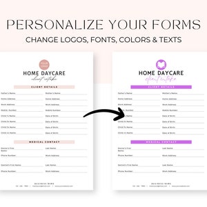 Pode incluir: Dois formul&aacute;rios personaliz&aacute;veis para uma creche em casa, um com um logotipo rosa e o outro com um logotipo roxo. Ambos os formul&aacute;rios incluem se&ccedil;&otilde;es para os detalhes do cliente e informa&ccedil;&otilde;es de contato m&eacute;dico.