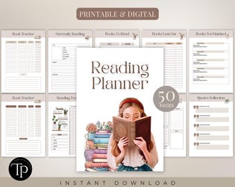Könnte beinhalten: Ein druckbarer und digitaler Leseplaner mit 50 Seiten. Der Planer enthält einen Buchtracker, einen Lesetracker, eine Liste von Büchern zum Lesen, eine Liste von ausgeliehenen Büchern, eine Liste von nicht beendeten Büchern und eine Zitatensammlung. Der Planer ist mit einem Mädchen illustriert, das ein Buch liest.