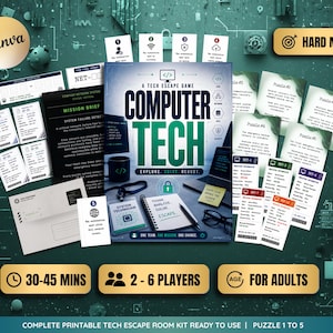 May include: A complete printable "Computer Tech" escape room kit. The game includes puzzles, mission briefs, and a notebook. The game is designed for 2-6 players and takes 30-45 minutes to complete. The game is for adults.