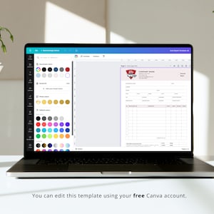 May include: A laptop screen displaying a Canva template for an auto repair shop invoice. The template includes a logo, company name, and a table for listing services and prices. The text "COMPANY NAME" is visible at the top of the invoice.