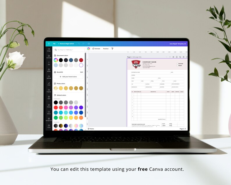 May include: A laptop screen displaying a Canva template for an auto repair shop invoice. The template includes a logo, company name, and a table for listing services and prices. The text "COMPANY NAME" is visible at the top of the invoice.