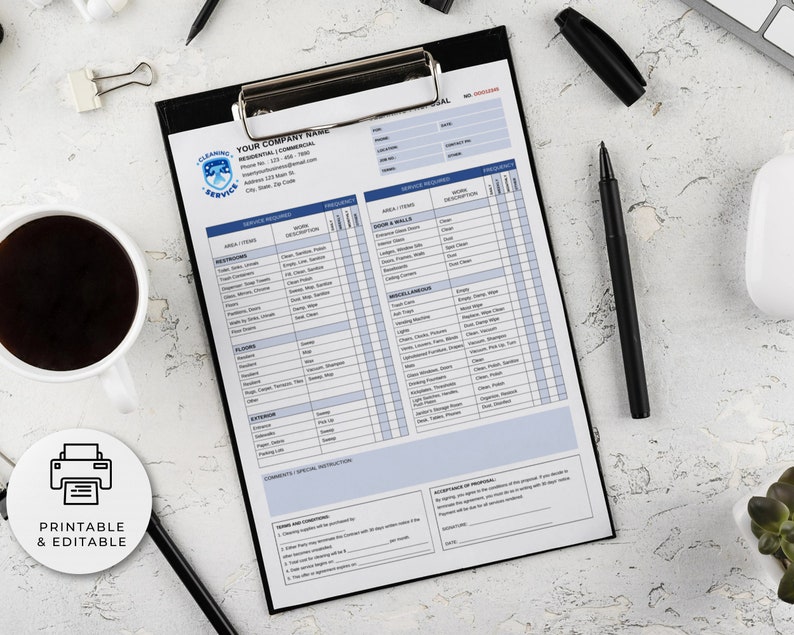 May include: A printable cleaning service checklist with a blue and white color scheme. The checklist includes sections for areas to be cleaned, services required, and special instructions. The checklist is designed for residential and commercial cleaning services.