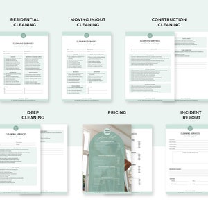 May include: A set of printable cleaning service checklists for residential, moving in/out, construction, deep cleaning, pricing, and incident reporting. The checklists are in a light green and white color scheme with a simple design.