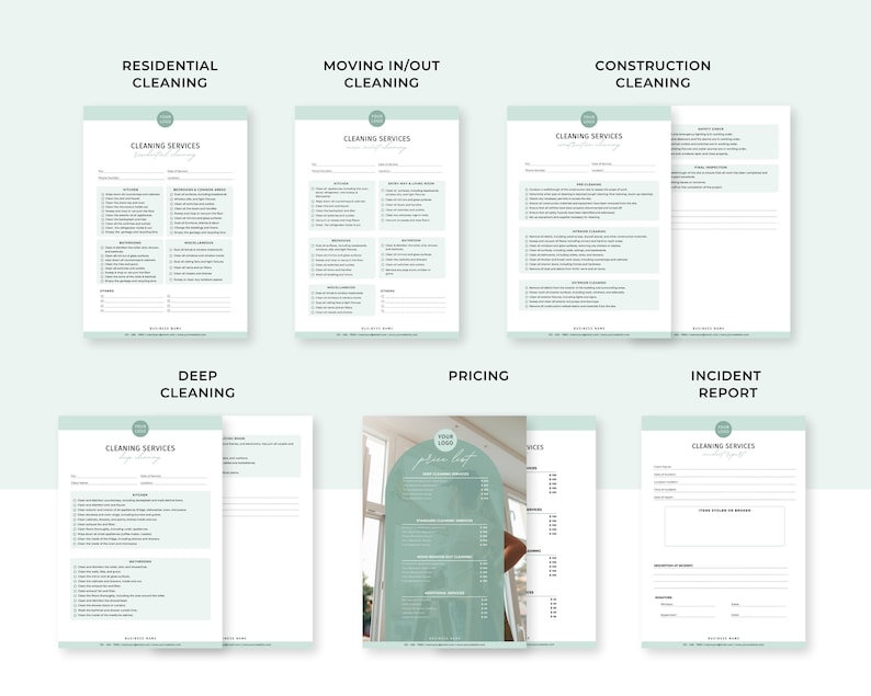 May include: A set of printable cleaning service checklists for residential, moving in/out, construction, deep cleaning, pricing, and incident reporting. The checklists are in a light green and white color scheme with a simple design.