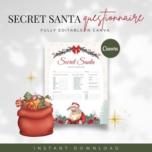 Druckbarer Wichtel Fragebogen für Weihnachten, Geschenkbörse, Bundle, Wichteln Form, Freunde Arbeit oder Zuhause, Canva Vorlage