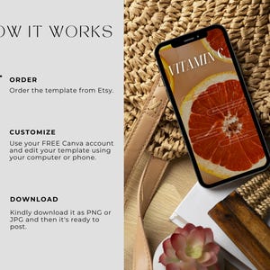 Op de afbeelding: Hoe je een digitaal sjabloon voor een social media post kunt bestellen, aanpassen en downloaden. De afbeelding toont een telefoonscherm met een afbeelding van een grapefruit en de tekst "Vitamine C".