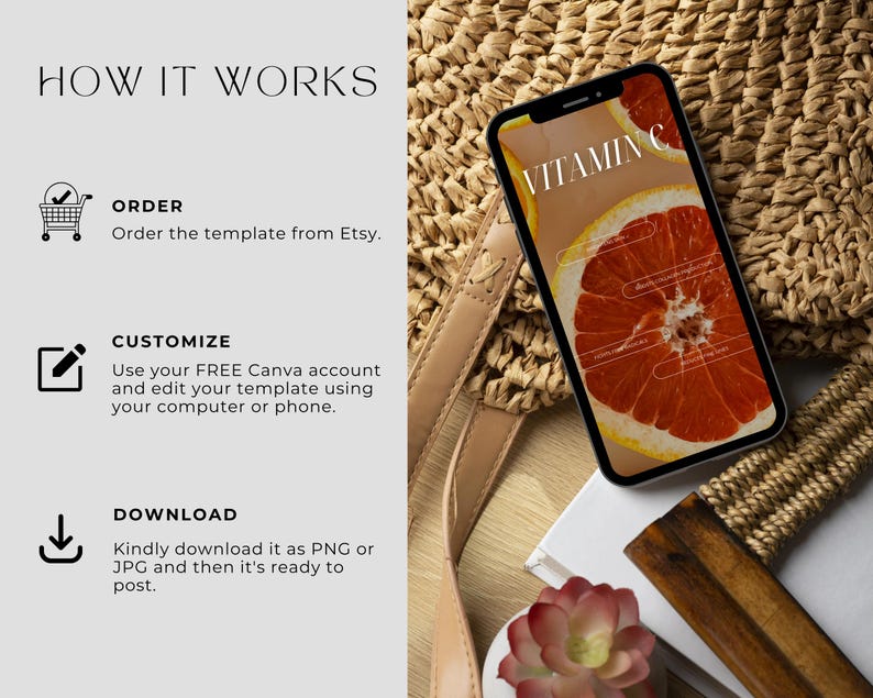 Op de afbeelding: Hoe je een digitaal sjabloon voor een social media post kunt bestellen, aanpassen en downloaden. De afbeelding toont een telefoonscherm met een afbeelding van een grapefruit en de tekst "Vitamine C".
