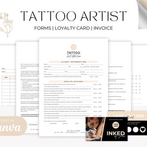 Lot de formulaires client pour studio de tatouage, modèle de sélection d'artiste tatoueur, dispense de consentement pour le tatouage, formulaires de communiqué de presse, cartes de visite de suivi