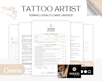 Paquete de formularios para clientes de Tattoo Studio, plantilla de admisión de tatuadores, exención de consentimiento para tatuajes, formularios de autorización para los medios, tarjetas de presentación de cuidados posteriores